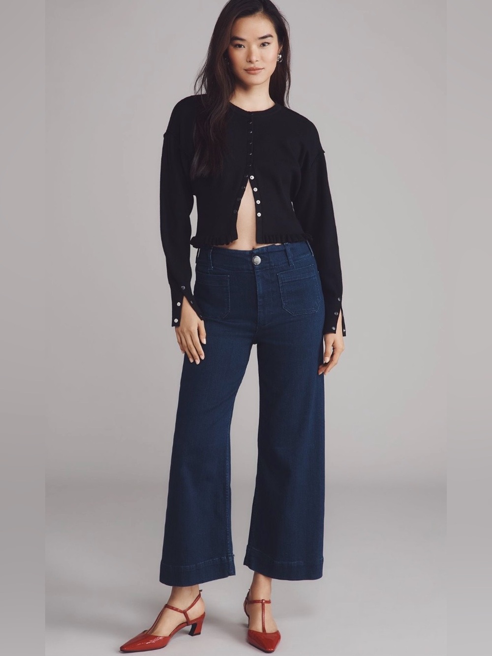 Maeve Colette Crop High-Rise Wide-Leg Jeans Dark Wash Patch Pockets 27